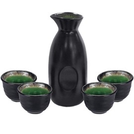 Sake Set Black Japanese 5 Pieces Traditional Japanese Sake Cup Set Hand Painted Design Porcelain Pottery Ceramic Cups Crafts Wine Glasses Gifts (Classic, 280 ML)