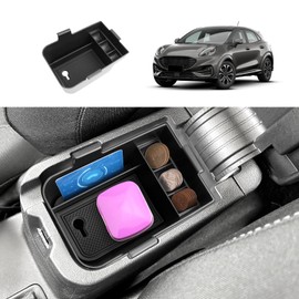 Coleya Centre Console Storage Box Compatible with Ford Puma 2020-2024/Ford Fiesta 2017-2024, Puma Armrest Organiser, Fiesta Centre Armrest Glove Box with Non-Slip Mat (Black)