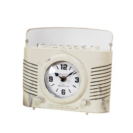Vintage Radio Mantel Clock 22x20x8cm Cream Distrssed Metal Retro Table Desk Novelty Decor