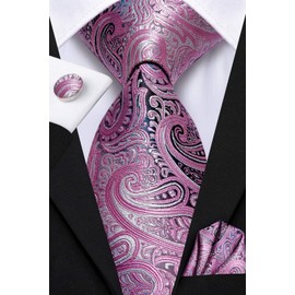 Dubulle Mens Tie Set Solid Paisley Silk Striped Necktie for Men with Cufflinks Tie and Pocket Square,Dark Pink Grey