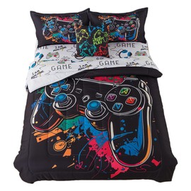 qjmiaofang Gamer Bedding Full for Boys Gamer Comforter Sets 7Pieces Video Game Bed Set Kids Gamer Bed in A Bag Gaming Comforter with Gamepad and Headset Sheets Controller Bed Set for Home