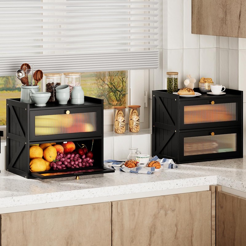 Trironsun Farmhouse Double Layer Black Bread Box with Acrylic Door