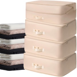 HAIKYPO 4 Pack Compression Bags for Storage,Ultra Space Saving Self Compression Organizer Bags,Sweater Organizer for Closet,Clothes Storage Bag (Beige,Large)