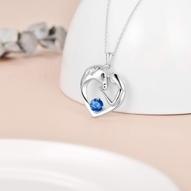 Horse Gifts for Girls, Sterling Silver Love Heart Horse Necklace with Birthstone Crystals, Birthday Jewellery Gifts for Girls Women Horse Lovers (Simulated Sapphire)