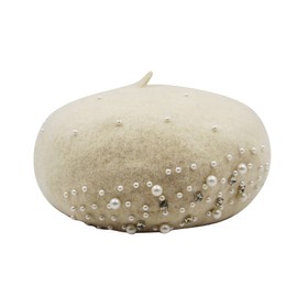 MINGSEECESS Women Girls Wool Pearl French Style Beret Cap Solid Color Winter Hat Artist Beanie Cap