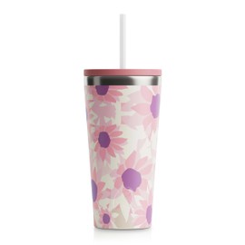RTIC 20oz Everyday Tumbler Insulated Stainless Steel Portable Travel Coffee Cup with Straw, Spill-Resistant Lid, BPA-Free, Hot and Cold Drink, Pink Water Lilies