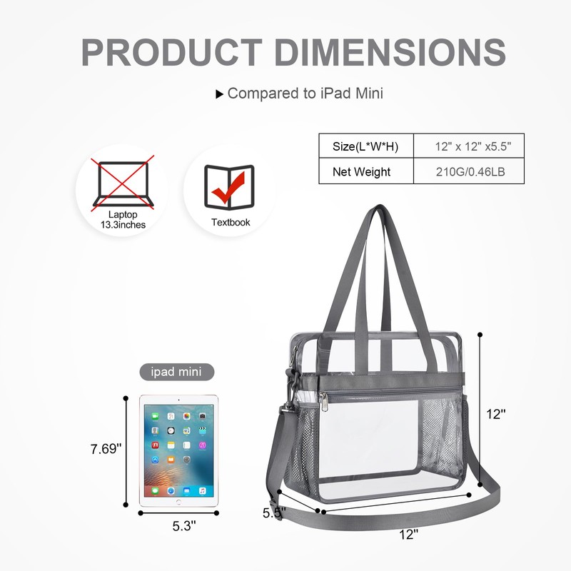 Oraben Clear Bag Stadium Approved 12x6x12 Tote Bag with Removable