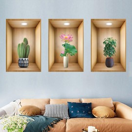 3Pcs 3D Green Tree Wall Decals, 3D Cactus Lotus Wall Stickers, Peel and Stick Removable Wall Stickers for Home Office Living Room Bedroom Art Room Decor, 11.8 x 17.7 Inch (3D Green Plants 9)