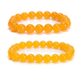 Land Long 2pcs/set (8mm+10mm), Good Luck Bracelets for Women, Smooth Round Dark Yellow Dyed Jade Beads Stretch Bracelets with Relax Anxiety Stress