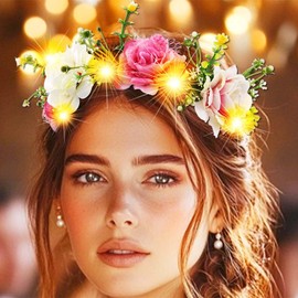 Jovono Luminous Flower Crown, Headbands, LED Flower Wreath, Hair Wreath, Crowns, Bridal, Wedding, Headpiece for Women (Warm, Free Size)
