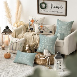 Artoid Mode Eucalyptus Leaves Pumpkins Truck Autumn Cushion Covers Set of 4 40 x 40 cm Decorative Cushion Cover Couch Living Room Decoration