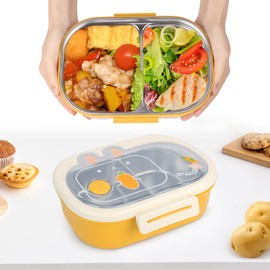 Minicoco Bento Lunch Box, Stainless Steel Bento Box with 2 compartments, Heavy Duty Thermal Lunch Box Portable Lunch Box Stackable Leakproof Bento Lunch Box, Thermal Lunch Box for Hot Food (Yellow)