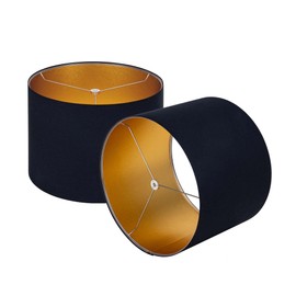 Wellmet Blackgold Set of 2 Drum Lampshades, Easy Assembly Required 14" Top x 14" Bottom x 11" High Replacement Lamp Shades, Fabric Lampshades for Table Lamps Floor Lamps, Metal Spider Fitter