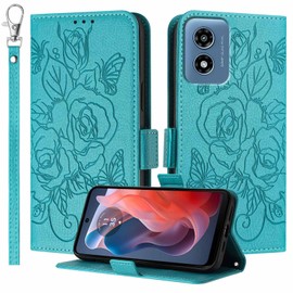 JanCalm for Moto G Play 2024 Case Wallet,[RFID Blocking][Card Cash Slots][Wrist Strap] Floral Butterfly Cute Pattern Leather Protective Stand Flip Cases Cover for Moto G Play 4G 2024 (Mint)