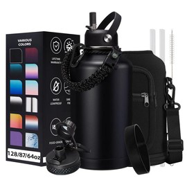 32oz 40oz 64OZ 128oz Vacuum Insulated Water Bottle - Keep Hot Cold Vacuum Flasks with Straw & Spout Lids, Paracord Handle, Water Bottler Carrier Holder & Protective Cup Mat, 1.8L Stainless Steel Water Jug Vacuum Insulated - Color: Black, Size: 32oz