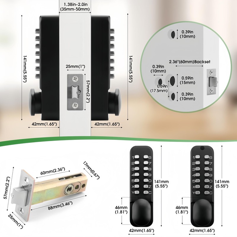 ANNFUZ Pure Mechanical Keyless Entry Keypad Door Knob Lock,Double-Sided Combination&Handle