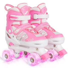LIRENGUI Little Kids Roller Skates, Girls Roller Skates with All Wheels Lighting Up, Pink n White Roller Happy Childhood Adjustable Roller Skates for Little Kids