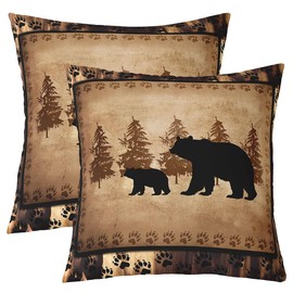 Bear Throw Pillow Covers 20"x20" Set of 2 Soft Wild Animal Cushion Covers for for Couch Sofa Rustic Cabin Country Nature Wildlife Bear Tree Yellow Brown Decorative Pillowcases Outdoor Pillows Covers