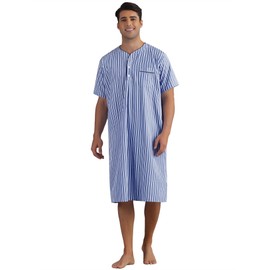 Lars Amadeus Dark Blue Striped Nightshirts for Men's Short Sleeve Button Down Sleep Shirts V-Neck Stripes Nightgown Large