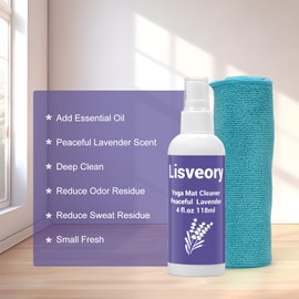 Yoga Mat Cleaner Spray (Peaceful Lavender), No Slippery Residue, Add Organic Essential Oils, Safe Deep Clean for All Type of Materials Exercise Mats, With Microfiber Towel (4oz/118ml)