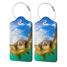 Set of 2 Luggage Tag for Suitcases Leather Hawaiian Green Sea Turtle Baggage Tags with Stainless Steel Loop Privacy Name ID Card Cover Travel Bag Labels Set for Women Men Kids Girls