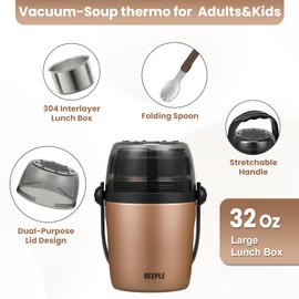 Soup Thermo for Hot Food Adults & Kids 32oz Lunch Containers Wide Mouth, Insulated Food Jar 100% Leak-Proof Double-Layer Stainless Steel Lunch Box with Spoon BPA Free
