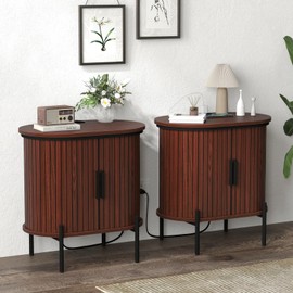 Simore Wood Nightstand with Charging Station, Fluted Side Tables Set of 2, Mid Century Modern End Table with Storage for Living Room Small Spaces, Walnut