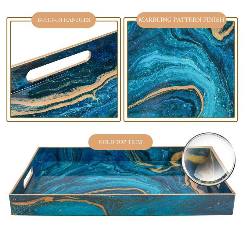 MAONAME Plastic Decorative Tray, Marbling Tray with Handles, Rectangular Coffee