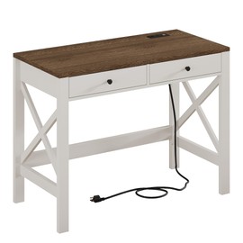 ChooChoo Farmhouse Desk with USB Charging Ports and Power Outlets, 39" Computer Desk with Drawers, Small Study Writing Table with Stable X Frame for Home Office