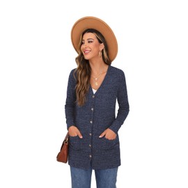 GRECERELLE Womens Cardigan Long Sleeve Open Front Cardigans Button Down V Neck Ribbed Knit Lightweight Outerwear with Pocket (Navy Blue, L)
