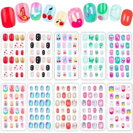 240 uñas postizas para niñas, uñas postizas acrílicas cortas de cobertura completa, kit de decoración de uñas para niñas (patrón degradado) (dulce)
