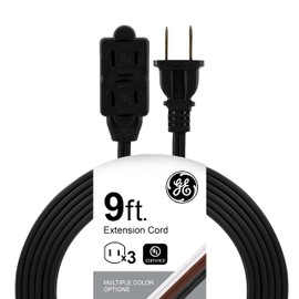 GE 9 Ft Extension Cord, 3 Outlet Power Strip, 2 Prong, 16 Gauge, Twist-to-Close Safety Outlet Covers, Indoor Rated, Perfect for Home, Office or Kitchen, UL Listed, Black, 45149