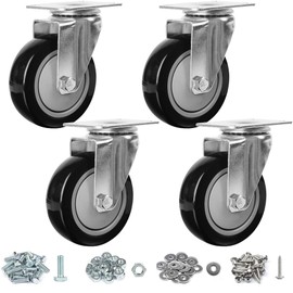 Finnhomy 4” Inch Swivel Casters Wheels Set of 4 Plate Casters Heavy Duty Premium Polyurethane PU Wheels for Furniture/Workbench Load Bearing 2,600 Lbs Anti-wear Smooth Casters Black (Free Screws)