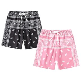 Eymitory Boy's 2 Pack Summer Boho Paisley Print Shorts Kids Drawstring High Waisted Graphic Bandana Shorts with Pockets