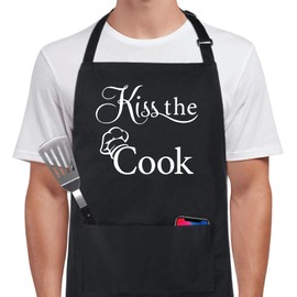 Xornis 100% Cotton Funny Apron Kiss the Cook for Men Women with 2 Pockets Kitchen Cooking Adjustable Bib Black Aprons Gifts for Dad Father's Day Birthday Anniversary
