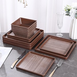 Lechoo Melamine Dinnerware Sets, Square Plates and Bowls Sets,12pcs Dish Sets for 4, Indoor and Outdoor Use,Brown Wooden Pattern
