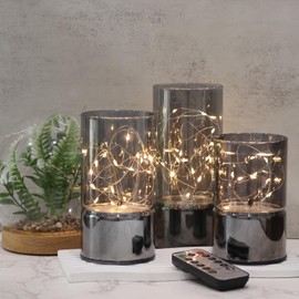 DRomance Flameless Flickering Candles String Light Battery Operated with Remote and Timer, 3 Pack Black Glass LED Pillar Candles Dinner Wedding Holiday Decor Set of 3(3.1 x 5, 6, 7.2 Inches)