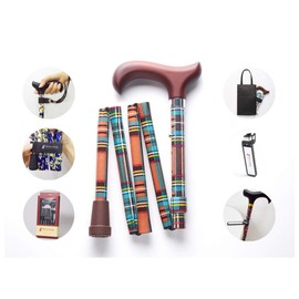 [コンボセット] Merry Sticks（メリースティックス）/ 折りたたみステッキ/つえぶくろ & ステッキクリップホルダー付き/杖/タータンチェック（オレンジ）