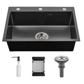 Drop In Black Kitchen Sink Stainless Steel Topmount 3 Hole Deep Single Bowl, Modern Workstation Apartment Sink with Multiple Accessories (21.6x17.7 inch)