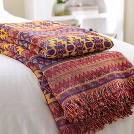 VANJOROY Bohemian Sofa Large Throw Blanket with Tassels, 100% Handwoven Cotton Knitted Armchair Throw for Seater Settees Couch and Bed (130 x 180CM)