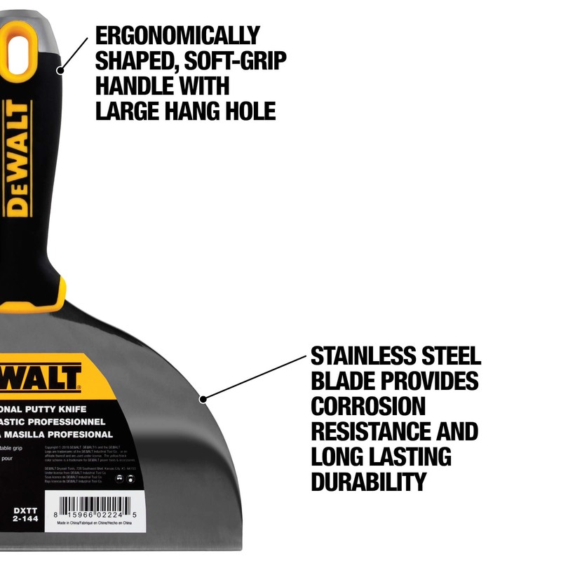 DEWALT 8" Putty Knife | Stainless Steel w/Soft Grip Handle