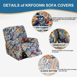 KRFOONN Stretch Recliner Slipcovers Printed Recliner Chair Covers 4-Piece Lazy Boy Recliner Covers Non Slip Reclining Furniture Protector Sofa Couch Cover with Elastic Bottom for Kid Pet, Color B49