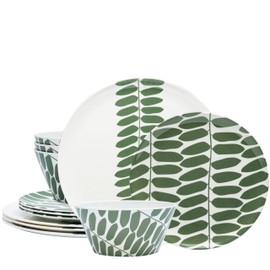 Bzyoo 12-Piece Melamine Dinnerware Set - Leaf | Lightweight, Durable, BPA-Free | Dishwasher Safe Dish Set for Indoor & Outdoor Use - Perfect for Camping, BBQs, Kids
