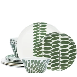 Bzyoo 12-Piece Melamine Dinnerware Set - Leaf | Lightweight, Durable, BPA-Free | Dishwasher Safe Dish Set for Indoor & Outdoor Use - Perfect for Camping, BBQs, Kids
