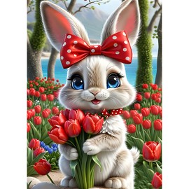 QINRUBB DIY Cute Rabbit Diamond Painting Adults, 5D Tulip Diamond Painting Pictures Beginners, Flowers Round Full Drill Diamond Art Kits Cross Stitch Gifts Home Wall Decor 30 x 40 cm