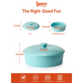 Sweese Ceramic Tortilla Warmer - Holds 12 Tortillas, Microwave & Oven Compatible, Elegant Turquoise Tortilla Holder with Lid for Taco Nights, Pancakes, Waffles - Durable & Easy to Clean