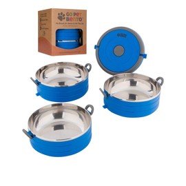 Healthy Human Travel Pet Bento Bowls - Human-Grade Stainless Steel & BPA-Free, Leak-Proof Water & Food Container Set for Dogs & Cats, 3-Pack Interlocking Bowls, Includes Spare Clips & Handle (Blue)