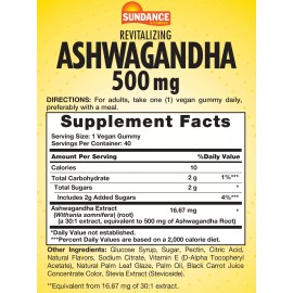 Sundance Ashwagandha Gummies 500mg | 40 Count | Vegan, Non-GMO, Gluten Free| by Sundance