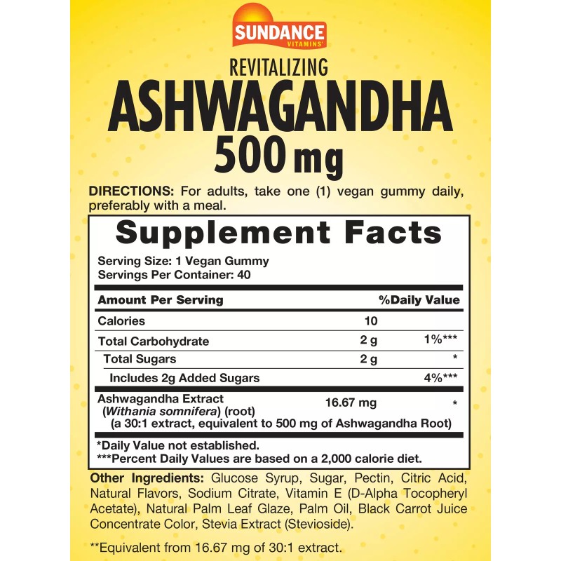 Sundance Ashwagandha Gummies 500mg | 40 Count | Vegan, Non-GMO,