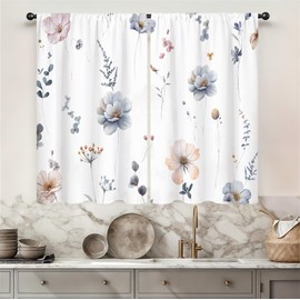 Famiffty Watercolor Boho Floral Kitchen Curtain 27.5W X 39L Inch 2 Panel Rod Pocket Blue Beige Flower Spring Minimalist Leaf Cute Plant Modern Small Short Cafe Tier Window Drape Bathroom Decor